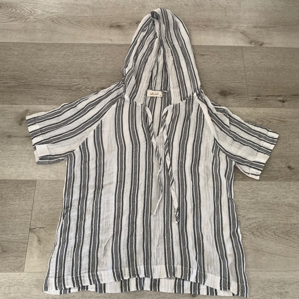 Bella Dahl‎ White Vertical Stripe Frayed Hem V-Neck Hooded Blouse Tunic XS